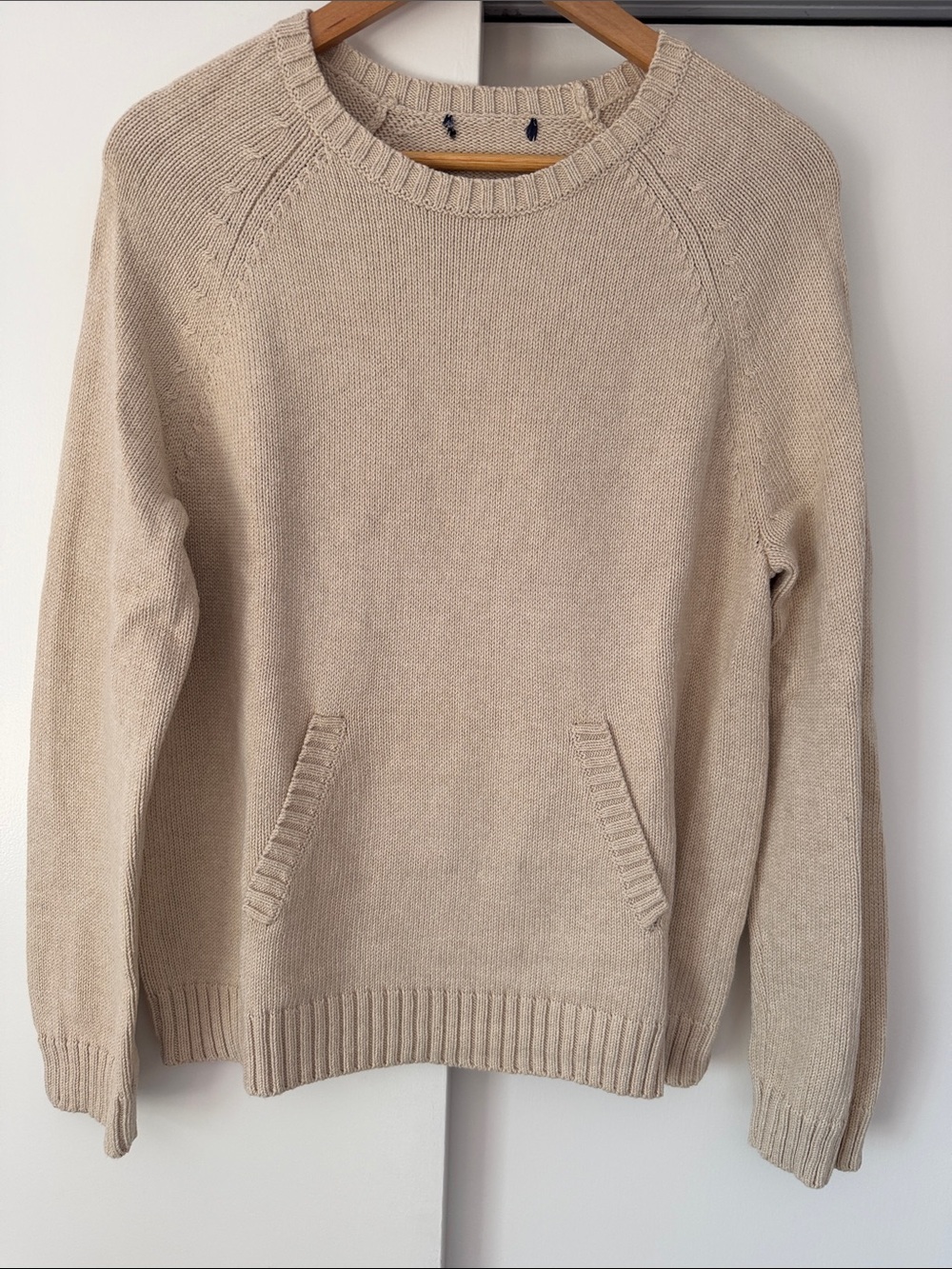Beige Crewneck Sweater with Front Pouch